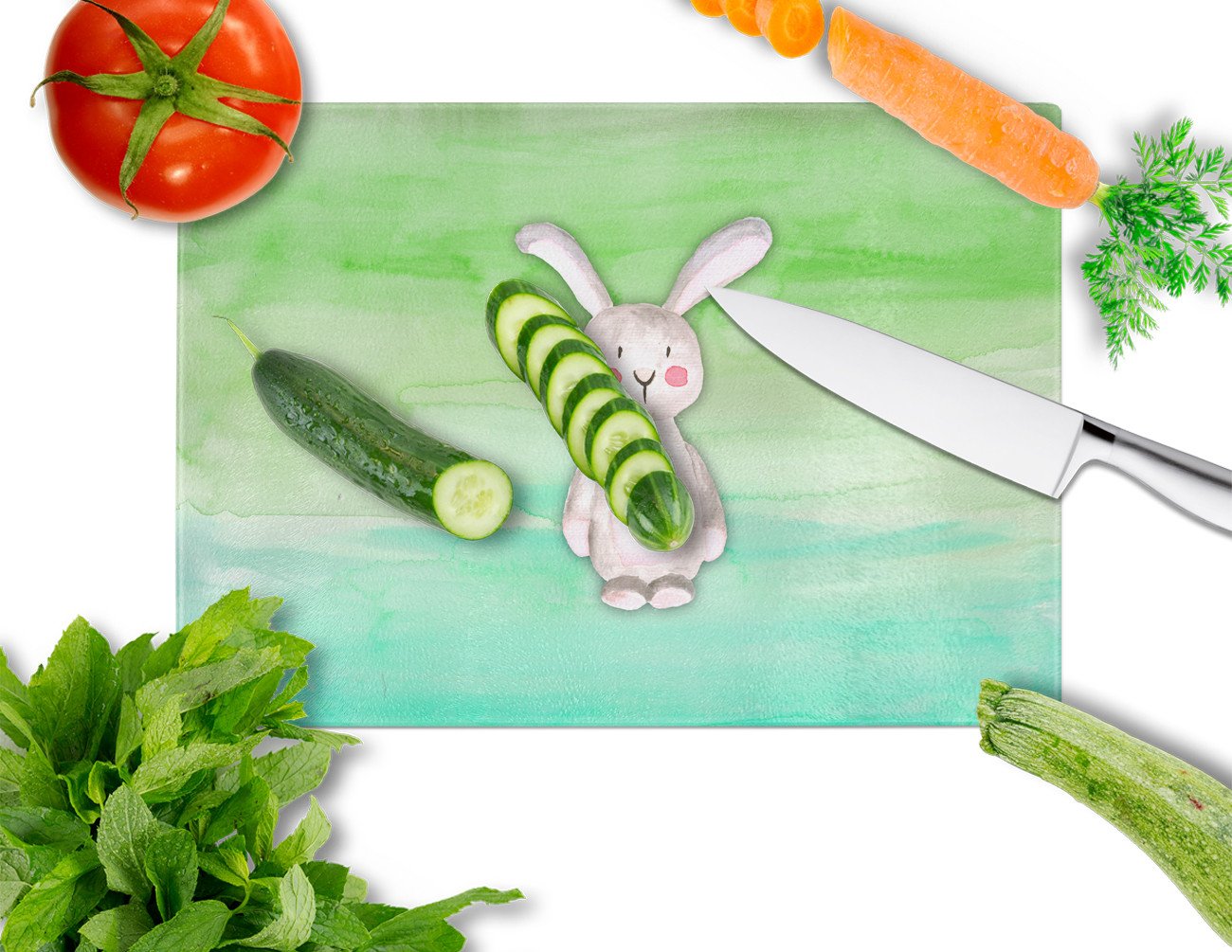 Bunny Rabbit Watercolor Cutting Board Tempered Glass Kitchen Cutting Surface, Heat Resistant Chopping, Non-Slip Feet, Food Prep & Serving