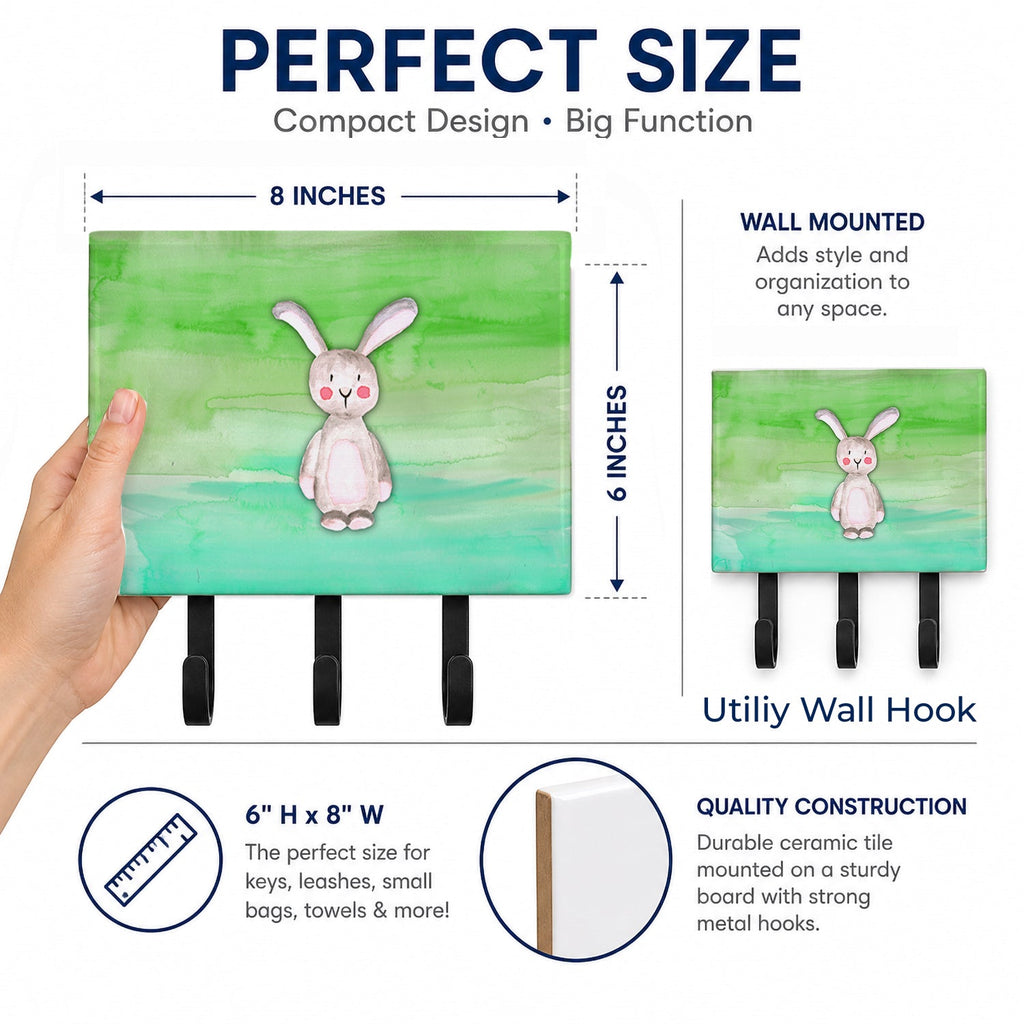 Bunny Rabbit Watercolor Leash or Key Holder Wall Hooks, Coat Rack Wall Mount, for Hanging Keys, Towels, Aprons, Leashes