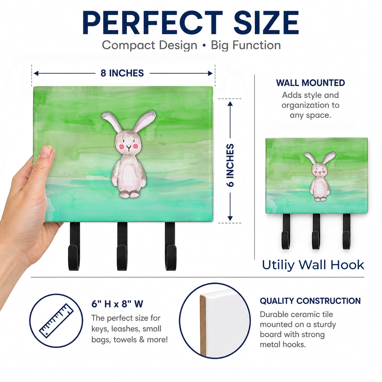 Bunny Rabbit Watercolor Leash or Key Holder Wall Hooks, Coat Rack Wall Mount, for Hanging Keys, Towels, Aprons, Leashes