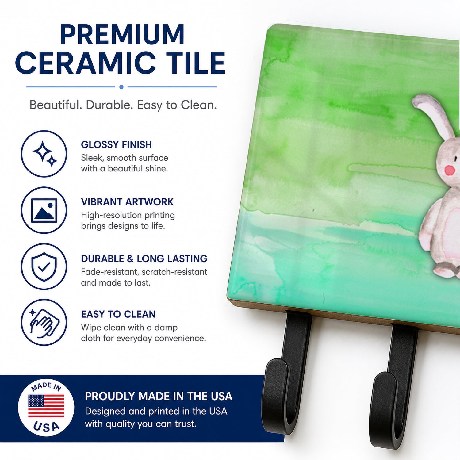 Bunny Rabbit Watercolor Leash or Key Holder Wall Hooks, Coat Rack Wall Mount, for Hanging Keys, Towels, Aprons, Leashes