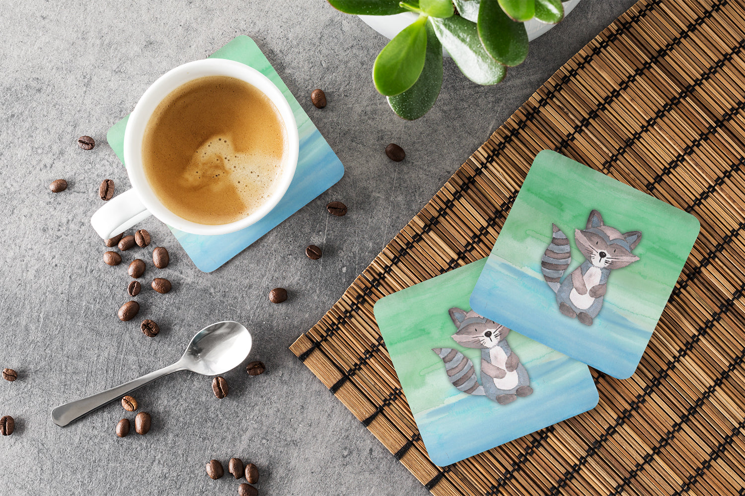 Raccoon Watercolor Foam Coasters Set of 4 Cup Coasters for Indoor Outdoor, Tabletop Protection, Anti Slip, Mouse pad Material