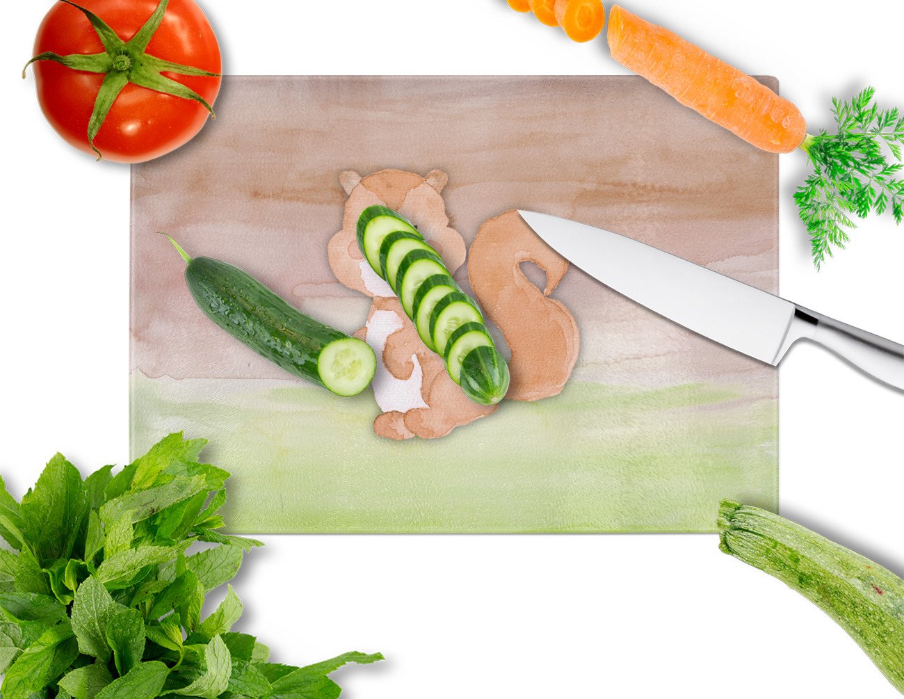 Squirrel Watercolor Cutting Board Tempered Glass Kitchen Cutting Surface, Heat Resistant Chopping, Non-Slip Feet, Food Prep & Serving