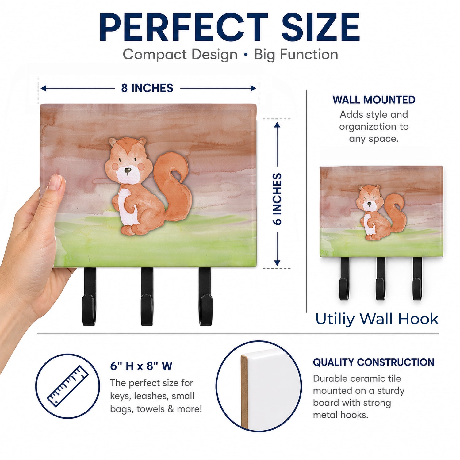 Squirrel Watercolor Leash or Key Holder Wall Hooks, Coat Rack Wall Mount, for Hanging Keys, Towels, Aprons, Leashes