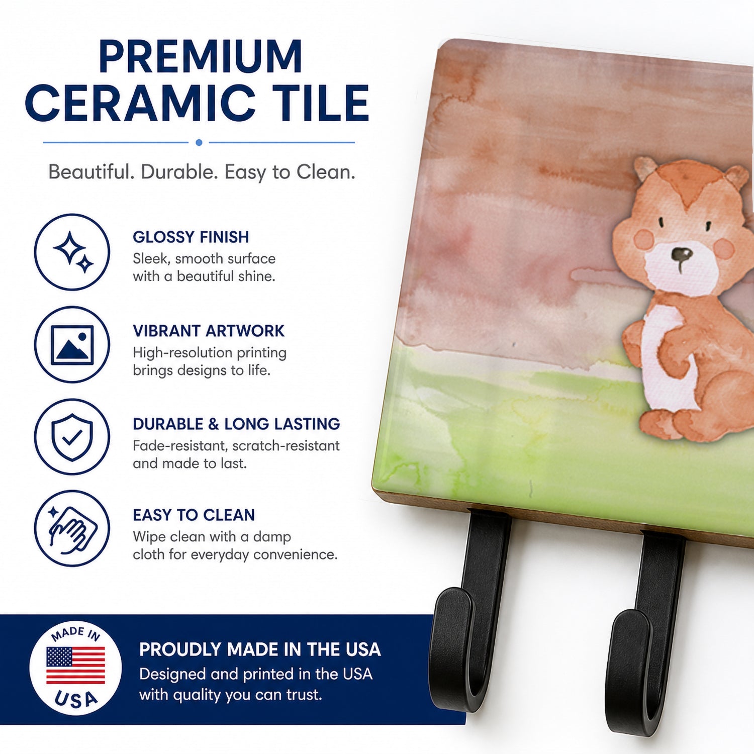 Squirrel Watercolor Leash or Key Holder Wall Hooks, Coat Rack Wall Mount, for Hanging Keys, Towels, Aprons, Leashes