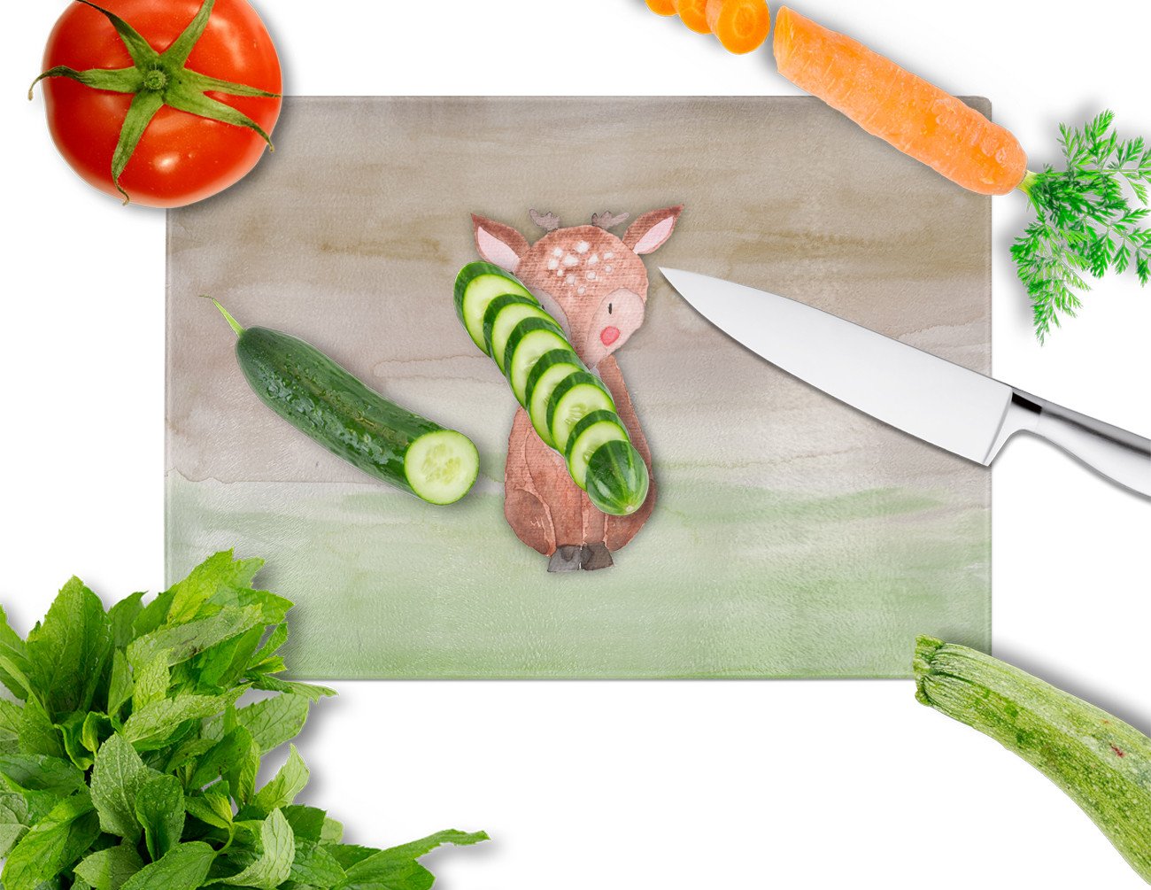 Baby Deer Watercolor Cutting Board Tempered Glass Kitchen Cutting Surface, Heat Resistant Chopping, Non-Slip Feet, Food Prep & Serving