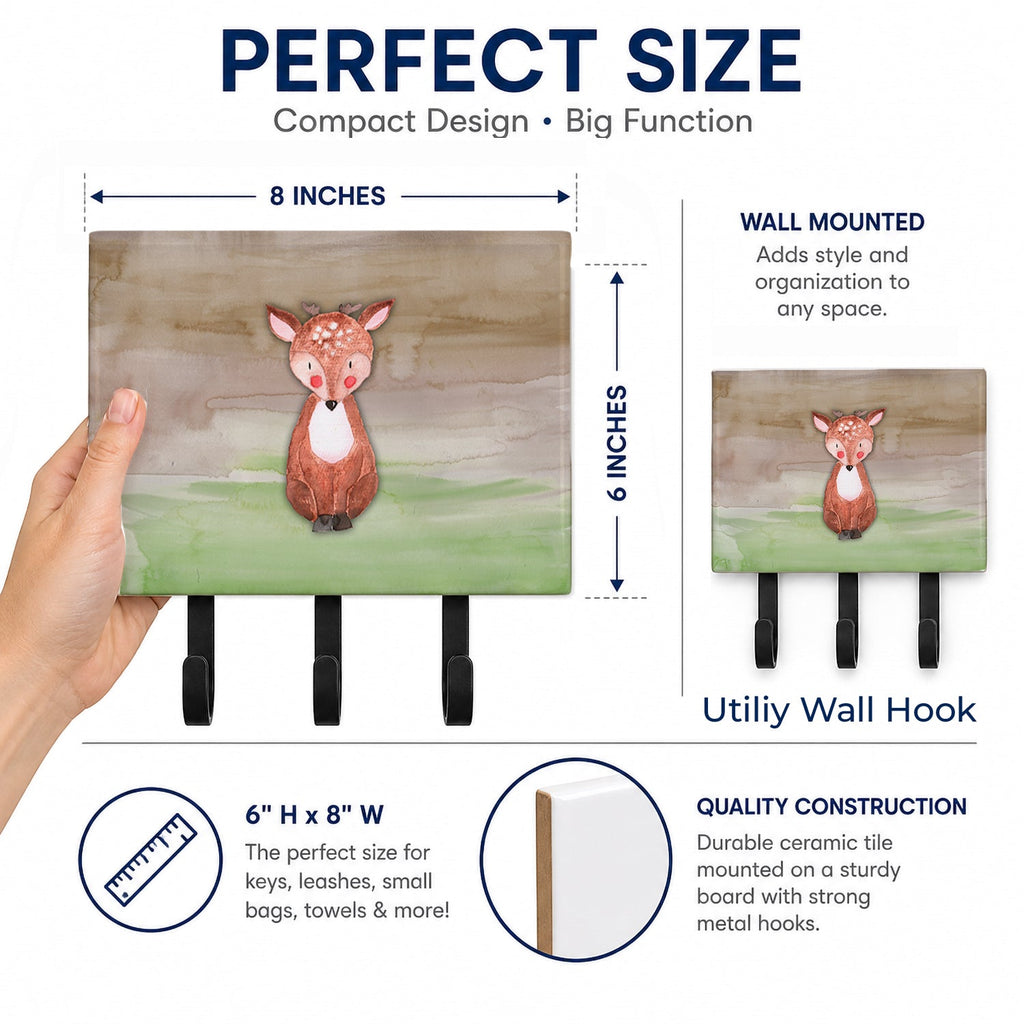 Baby Deer Watercolor Leash or Key Holder Wall Hooks, Coat Rack Wall Mount, for Hanging Keys, Towels, Aprons, Leashes
