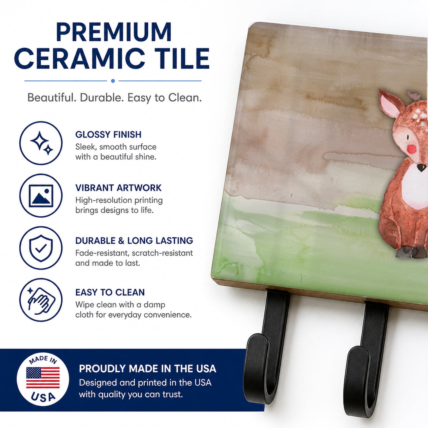 Baby Deer Watercolor Leash or Key Holder Wall Hooks, Coat Rack Wall Mount, for Hanging Keys, Towels, Aprons, Leashes