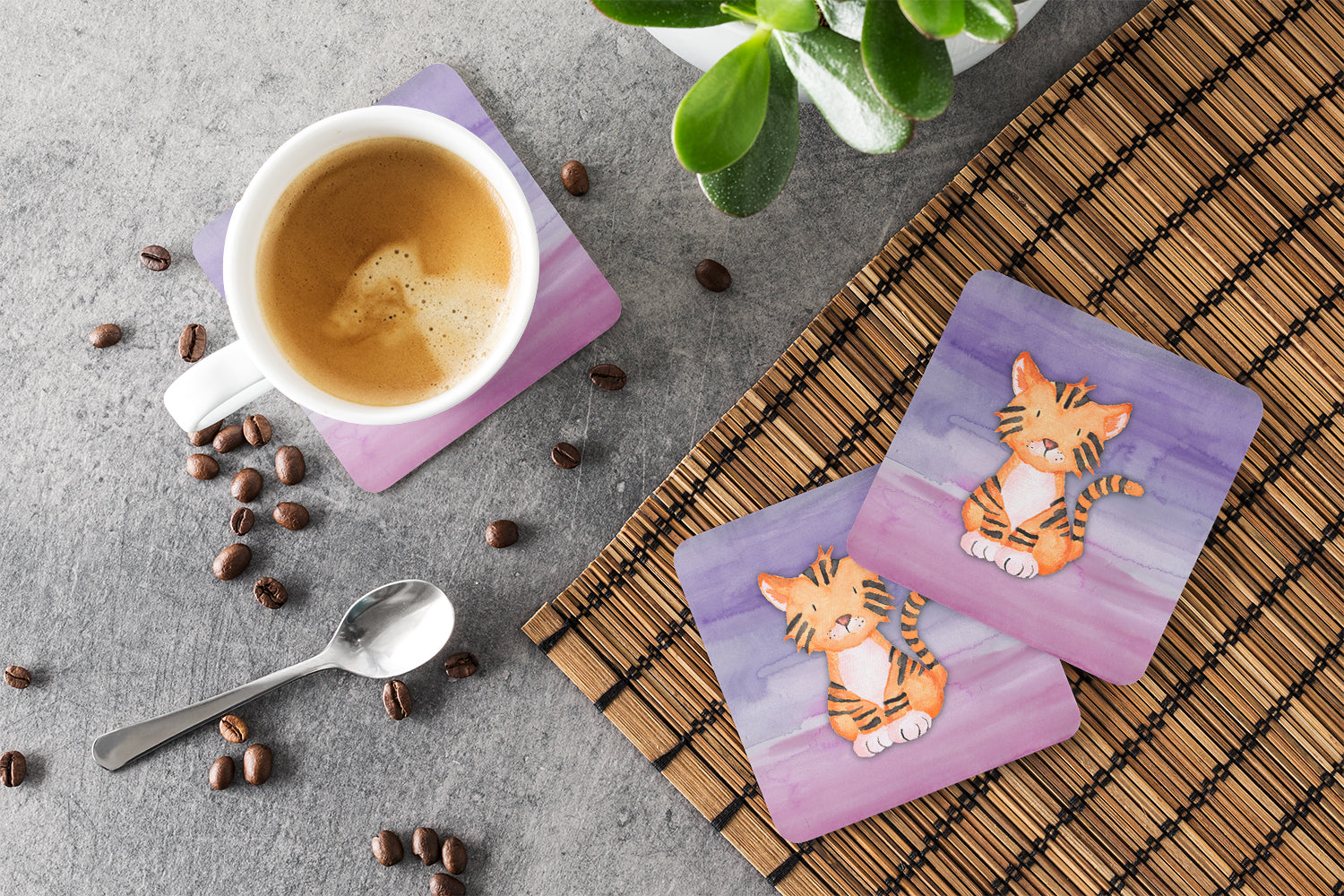 Tiger Cub Watercolor Foam Coasters Set of 4 Cup Coasters for Indoor Outdoor, Tabletop Protection, Anti Slip, Mouse pad Material