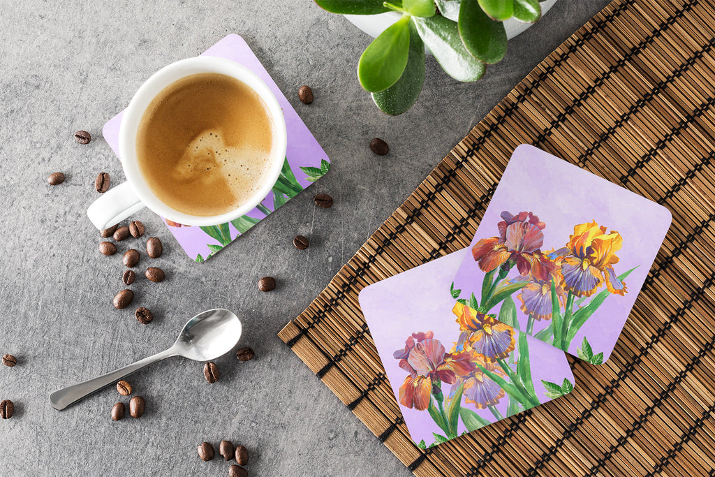 Purple and Yellow Iris Foam Coasters Set of 4 Cup Coasters for Indoor Outdoor, Tabletop Protection, Anti Slip, Mouse pad Material