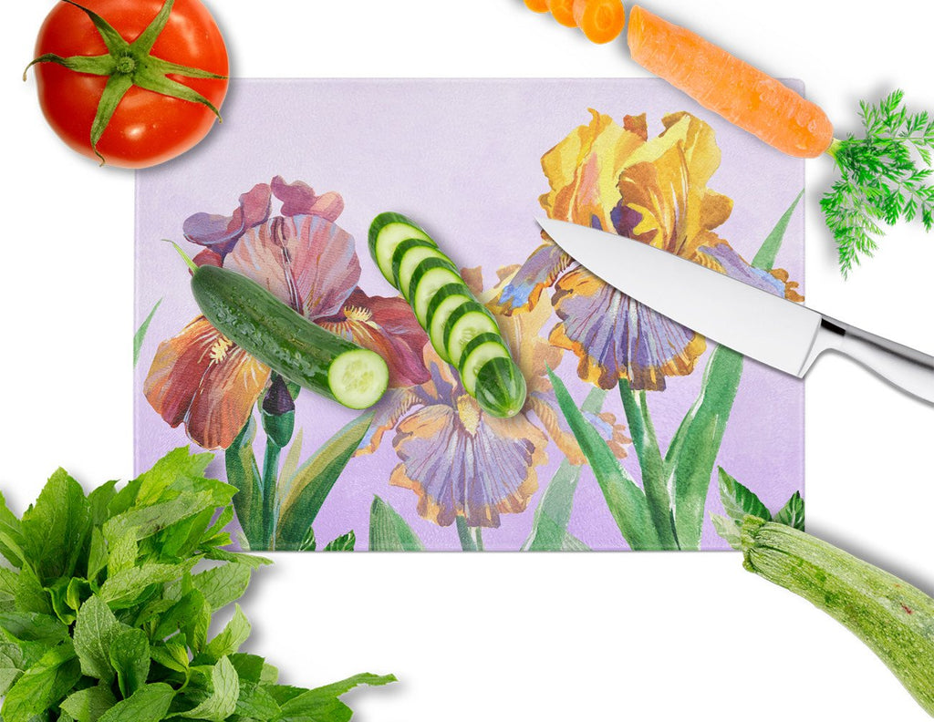 Purple and Yellow Iris Cutting Board Tempered Glass Kitchen Cutting Surface, Heat Resistant Chopping, Non-Slip Feet, Food Prep & Serving