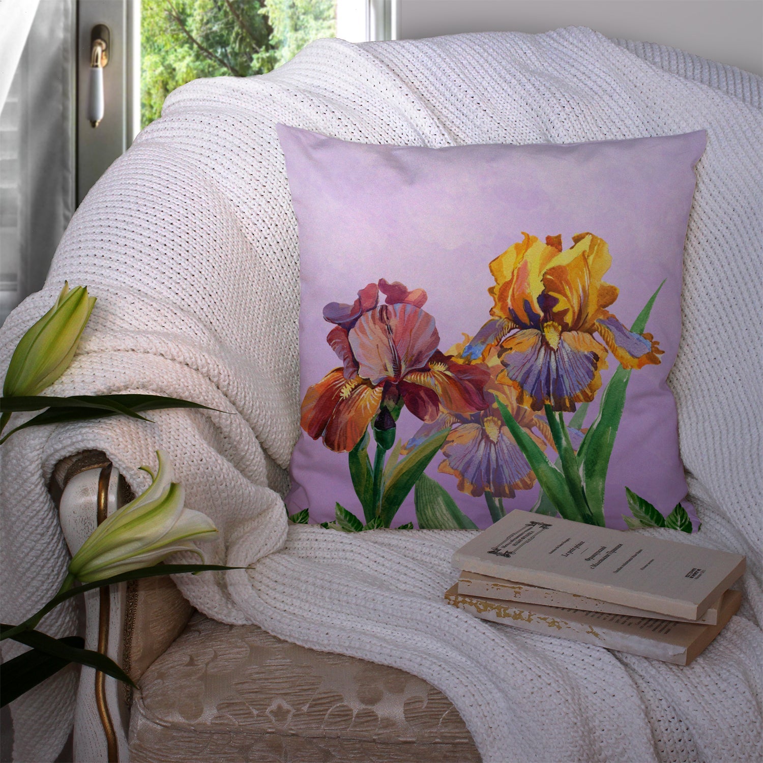 Purple and Yellow Iris Decorative Throw Pillow 14x14 Indoor Outdoor Accent Cushion, Fabric Cover with Insert for Sofa, Bed, Porch & Living Room