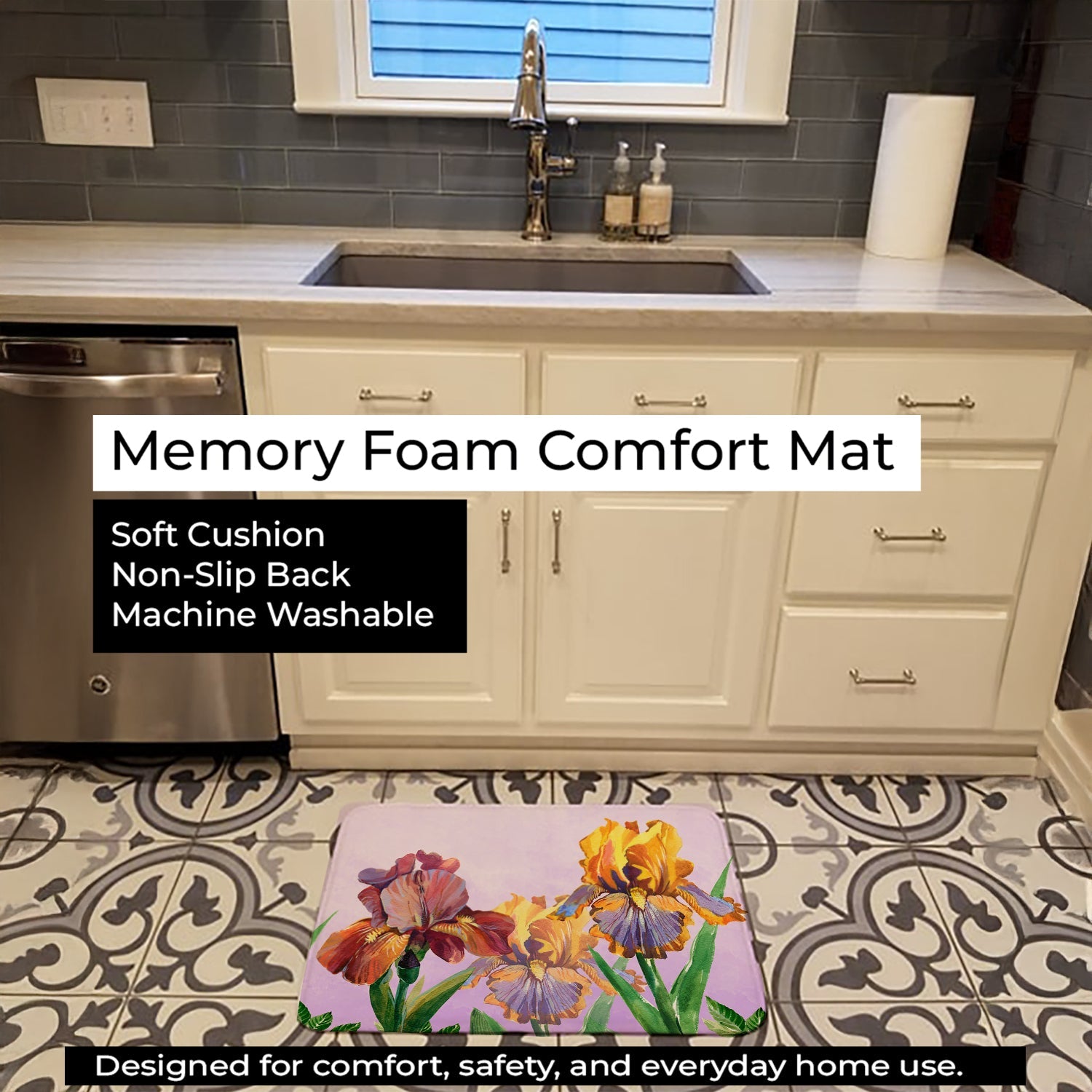 Purple and Yellow Iris Memory Foam Kitchen Mat Machine Washable Anti-Fatigue Cushion Comfort Bath or Kitchen Rug