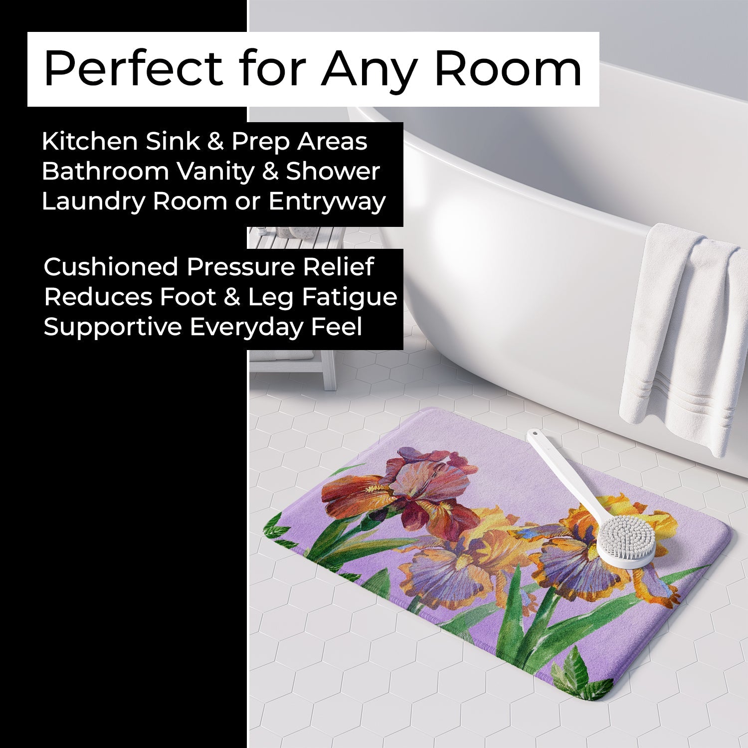 Purple and Yellow Iris Memory Foam Kitchen Mat Machine Washable Anti-Fatigue Cushion Comfort Bath or Kitchen Rug
