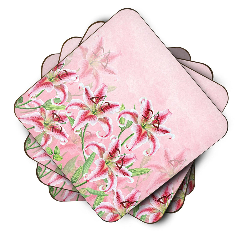Pink Lillies Foam Coasters Set of 4 Cup Coasters for Indoor Outdoor, Tabletop Protection, Anti Slip, Mouse pad Material
