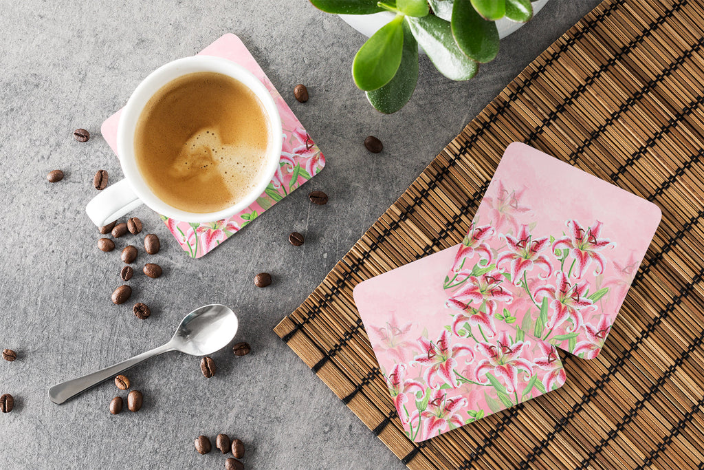 Pink Lillies Foam Coasters Set of 4 Cup Coasters for Indoor Outdoor, Tabletop Protection, Anti Slip, Mouse pad Material
