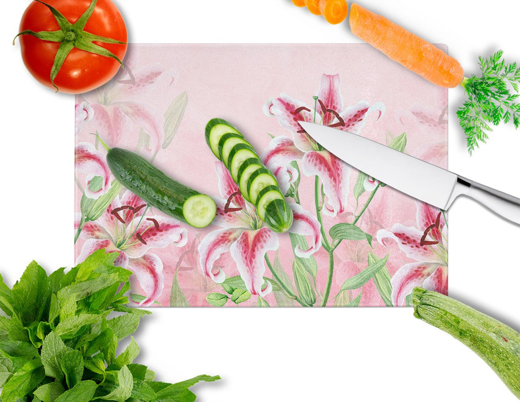 Pink Lillies Cutting Board Tempered Glass Kitchen Cutting Surface, Heat Resistant Chopping, Non-Slip Feet, Food Prep & Serving