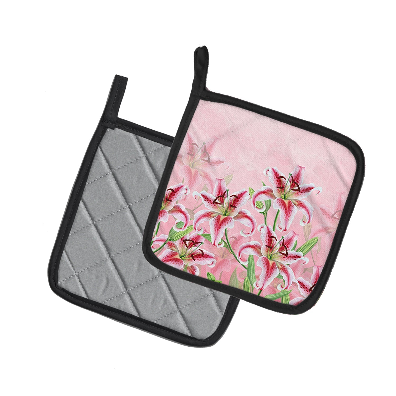 Pink Lillies Pot Holder Set of 2 Heat Resistant Quilted Hot Pads 7.5 x 7.5 Inch, Insulated Kitchen Trivets for Cooking & Baking