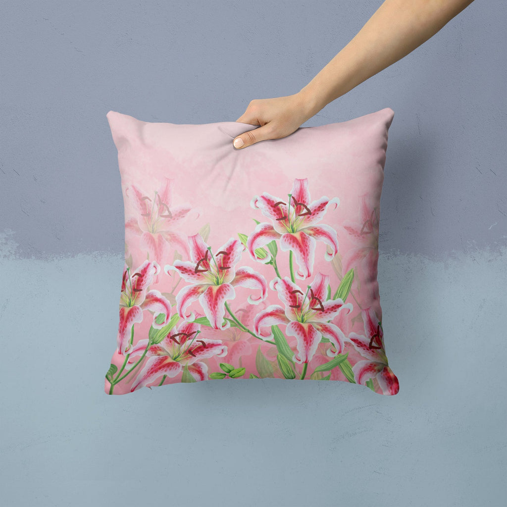 Pink Lillies Decorative Throw Pillow 14x14 Indoor Outdoor Accent Cushion, Fabric Cover with Insert for Sofa, Bed, Porch & Living Room
