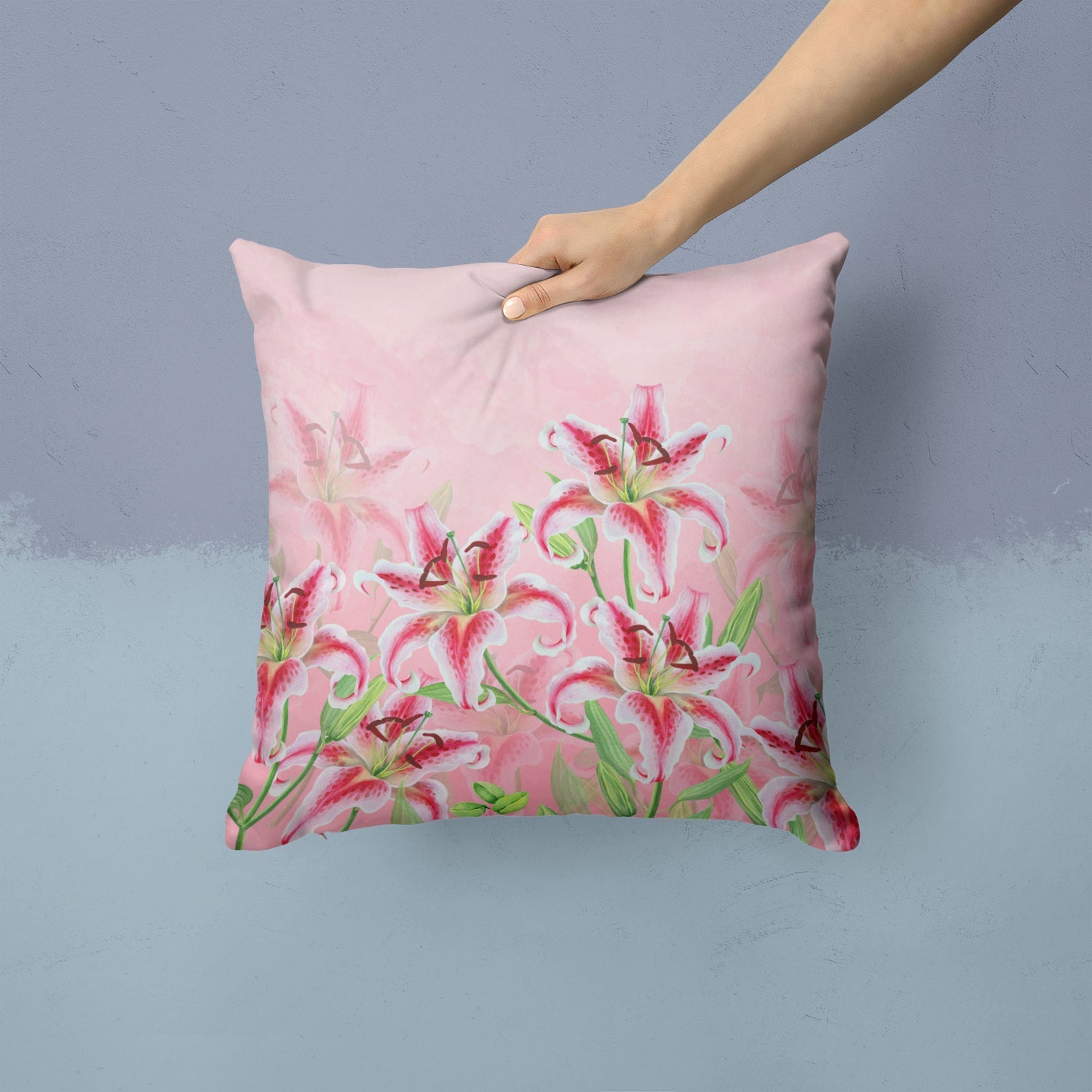 Pink Lillies Decorative Throw Pillow 14x14 Indoor Outdoor Accent Cushion, Fabric Cover with Insert for Sofa, Bed, Porch & Living Room