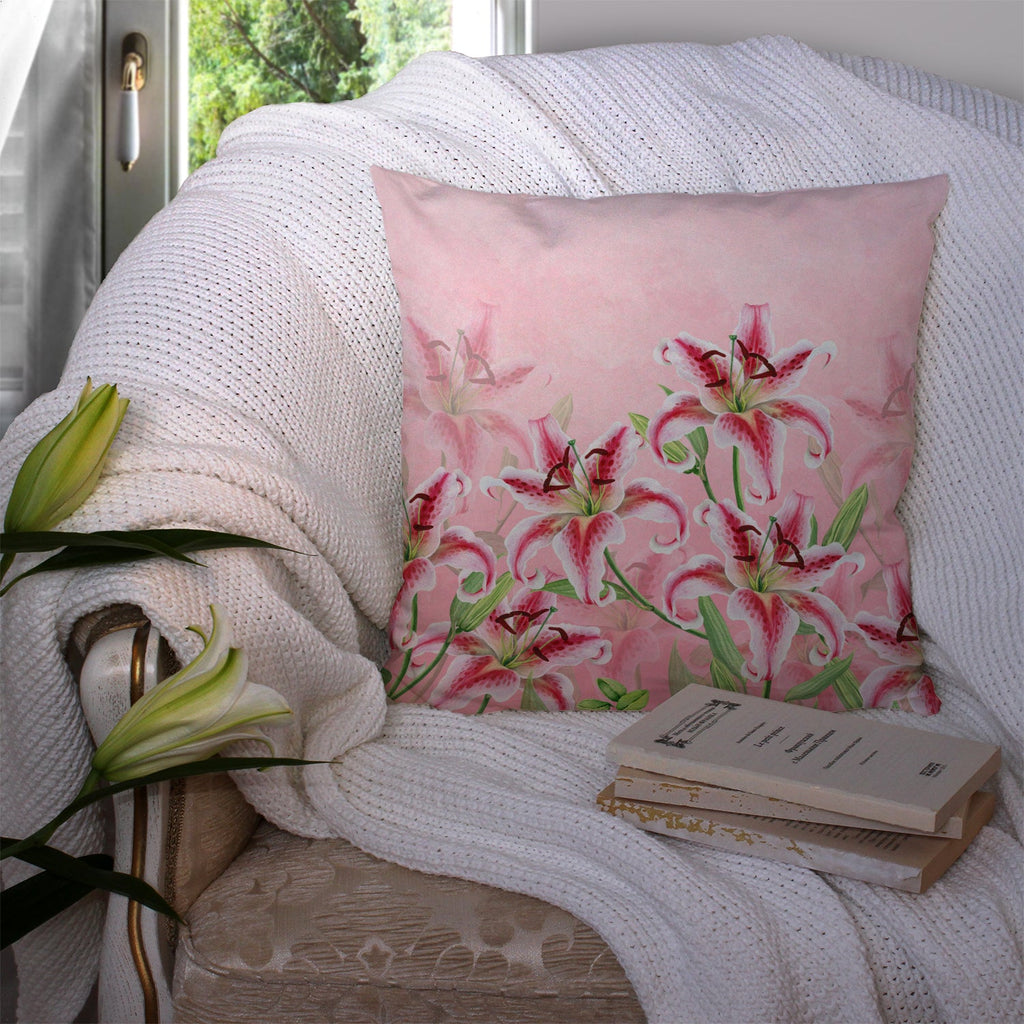 Pink Lillies Decorative Throw Pillow 14x14 Indoor Outdoor Accent Cushion, Fabric Cover with Insert for Sofa, Bed, Porch & Living Room