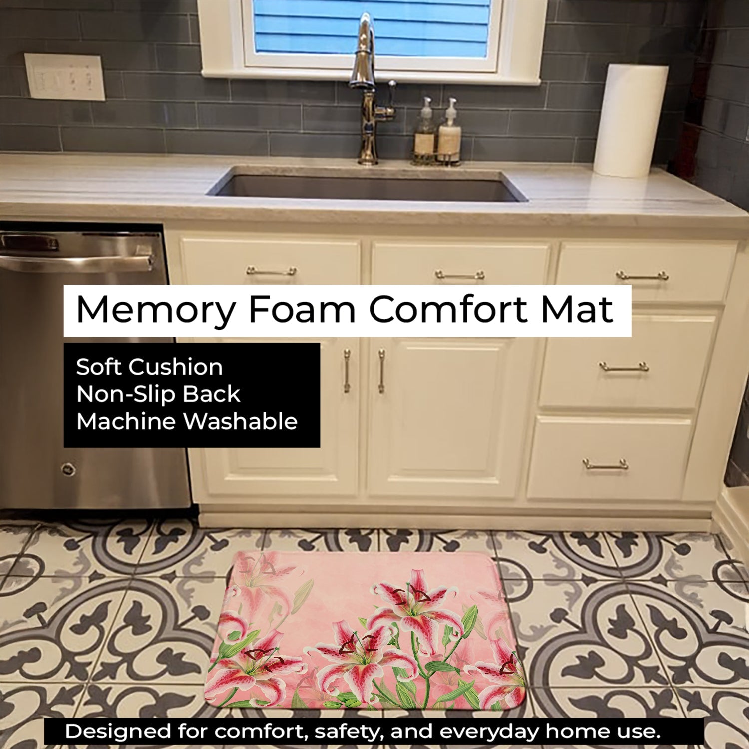 Pink Lillies Memory Foam Kitchen Mat Machine Washable Anti-Fatigue Cushion Comfort Bath or Kitchen Rug