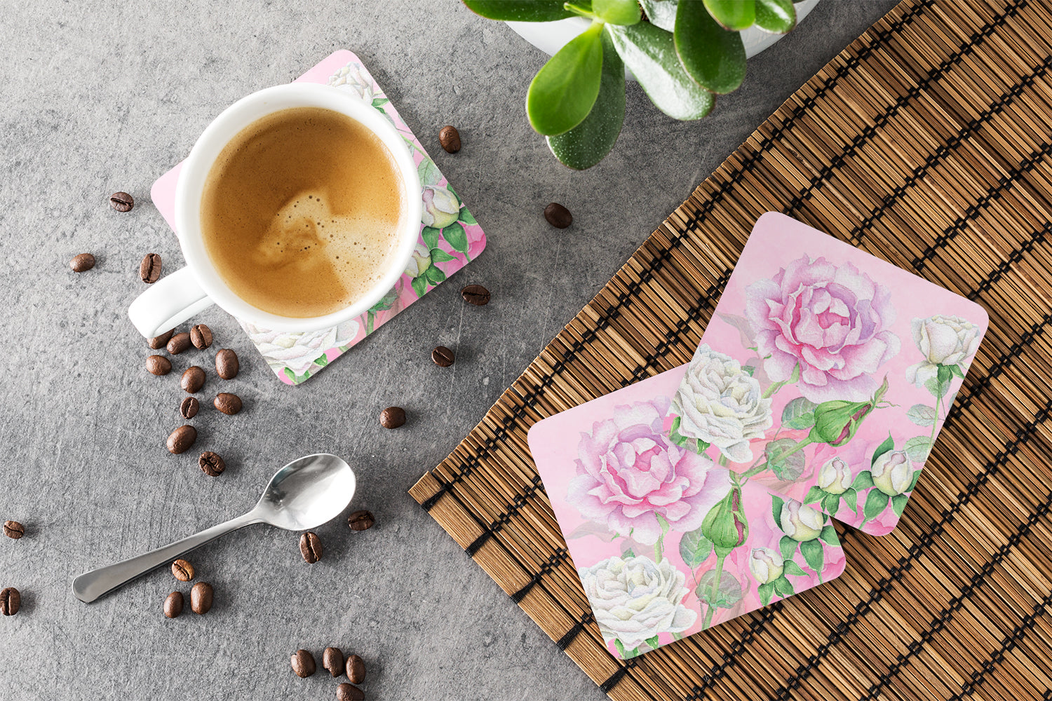 Rose Garden Foam Coasters Set of 4 Cup Coasters for Indoor Outdoor, Tabletop Protection, Anti Slip, Mouse pad Material