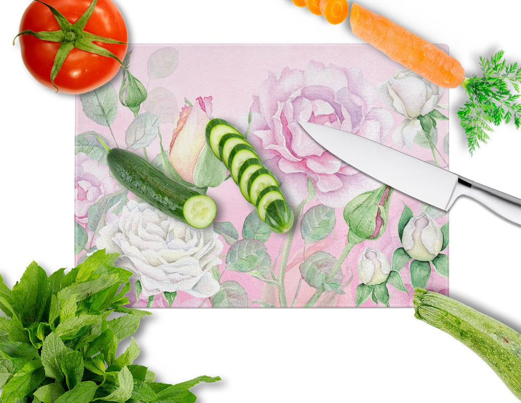 Rose Garden Cutting Board Tempered Glass Kitchen Cutting Surface, Heat Resistant Chopping, Non-Slip Feet, Food Prep & Serving