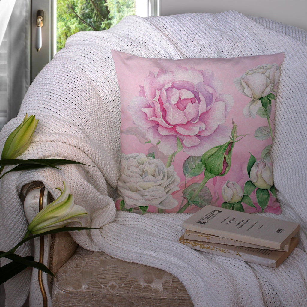 Rose Garden Decorative Throw Pillow 14x14 Indoor Outdoor Accent Cushion, Fabric Cover with Insert for Sofa, Bed, Porch & Living Room