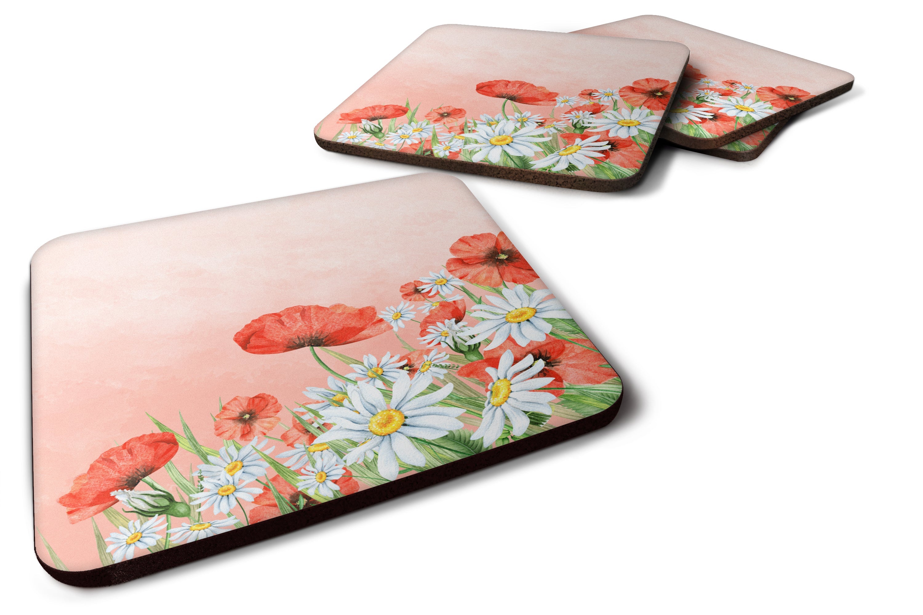 Poppies and Chamomiles Foam Coasters Set of 4 Cup Coasters for Indoor Outdoor, Tabletop Protection, Anti Slip, Mouse pad Material