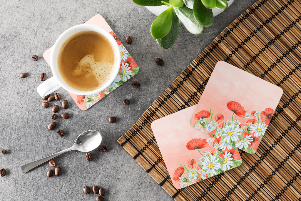 Poppies and Chamomiles Foam Coasters Set of 4 Cup Coasters for Indoor Outdoor, Tabletop Protection, Anti Slip, Mouse pad Material