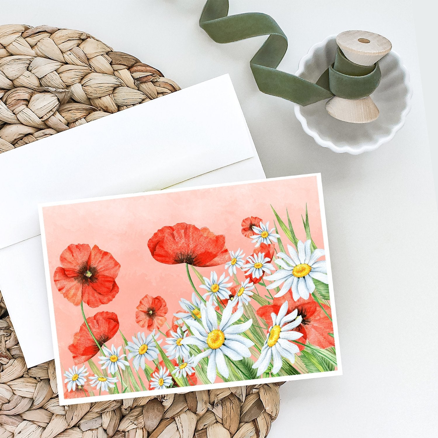 Poppies and Chamomiles Greeting Cards Pack of 8 Blank Cards with Envelopes Whimsical A7 Size 5x7