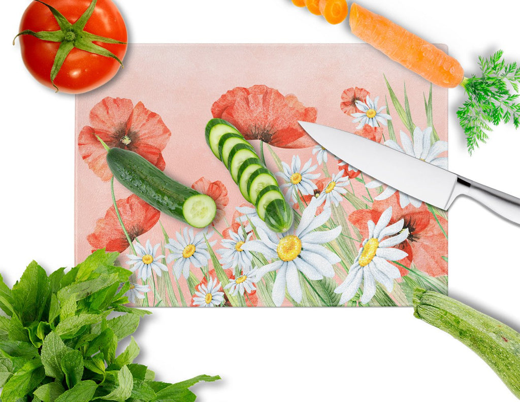 Poppies and Chamomiles Cutting Board Tempered Glass Kitchen Cutting Surface, Heat Resistant Chopping, Non-Slip Feet, Food Prep & Serving