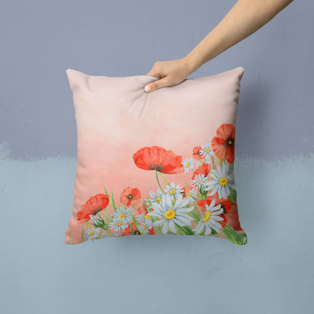 Poppies and Chamomiles Decorative Throw Pillow 14x14 Indoor Outdoor Accent Cushion, Fabric Cover with Insert for Sofa, Bed, Porch & Living Room