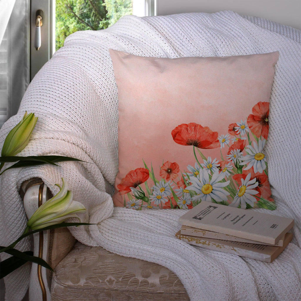 Poppies and Chamomiles Decorative Throw Pillow 14x14 Indoor Outdoor Accent Cushion, Fabric Cover with Insert for Sofa, Bed, Porch & Living Room