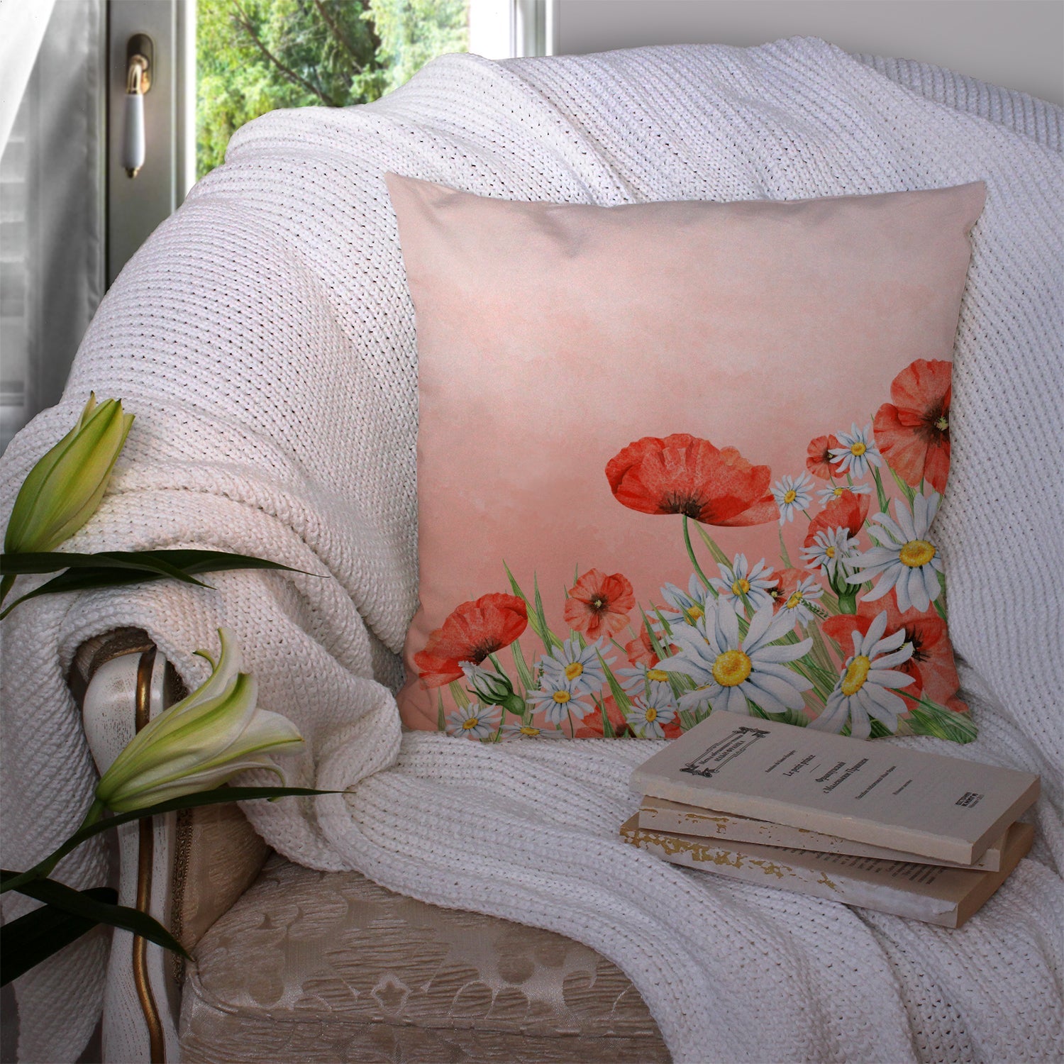 Poppies and Chamomiles Decorative Throw Pillow 14x14 Indoor Outdoor Accent Cushion, Fabric Cover with Insert for Sofa, Bed, Porch & Living Room