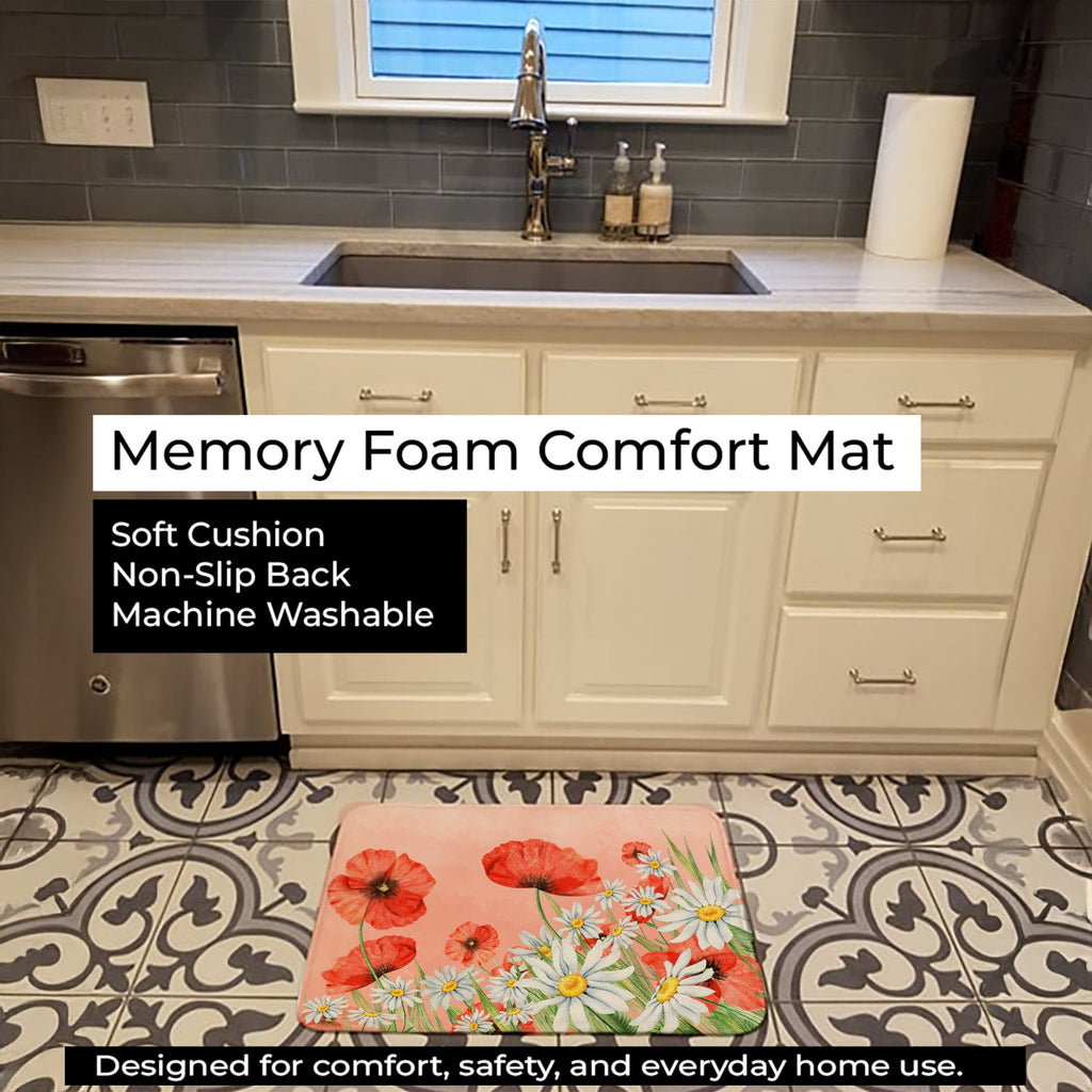 Poppies and Chamomiles Memory Foam Kitchen Mat Machine Washable Anti-Fatigue Cushion Comfort Bath or Kitchen Rug