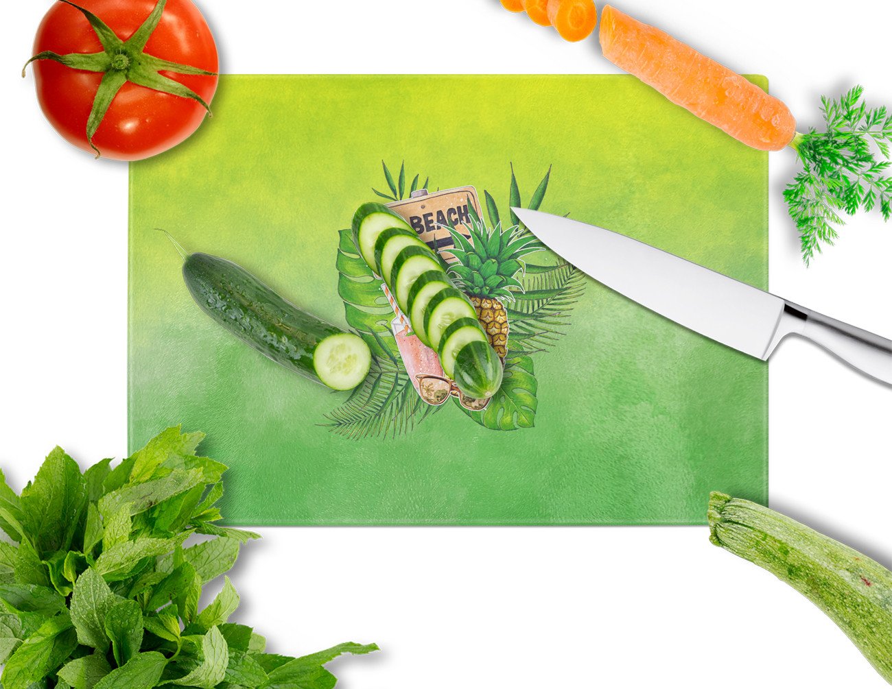 To the Beach Summer Cutting Board Tempered Glass Kitchen Cutting Surface, Heat Resistant Chopping, Non-Slip Feet, Food Prep & Serving