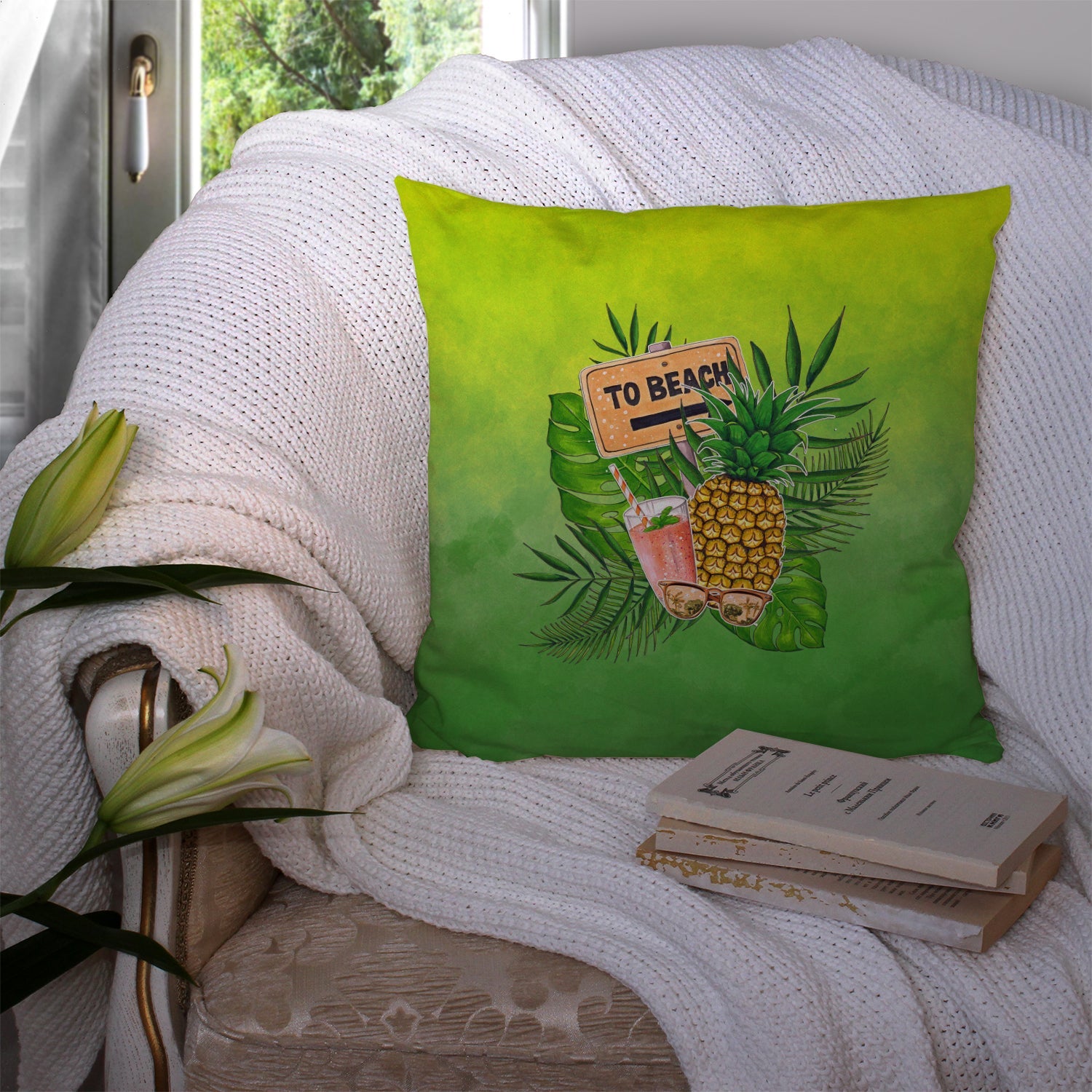 To the Beach Summer Decorative Throw Pillow 14x14 Indoor Outdoor Accent Cushion, Fabric Cover with Insert for Sofa, Bed, Porch & Living Room