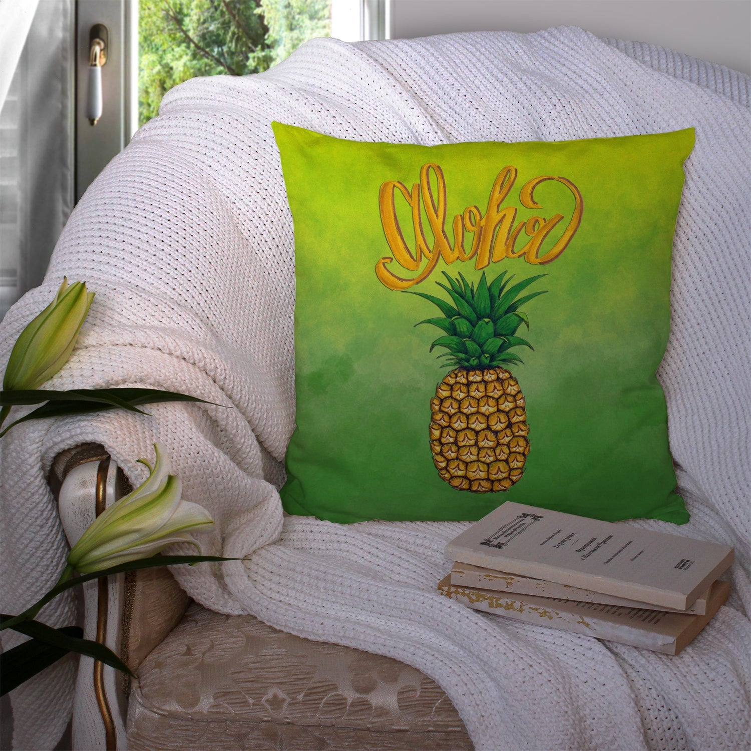 Aloha Pineapple Welcome Decorative Throw Pillow 14x14 Indoor Outdoor Accent Cushion, Fabric Cover with Insert for Sofa, Bed, Porch & Living Room