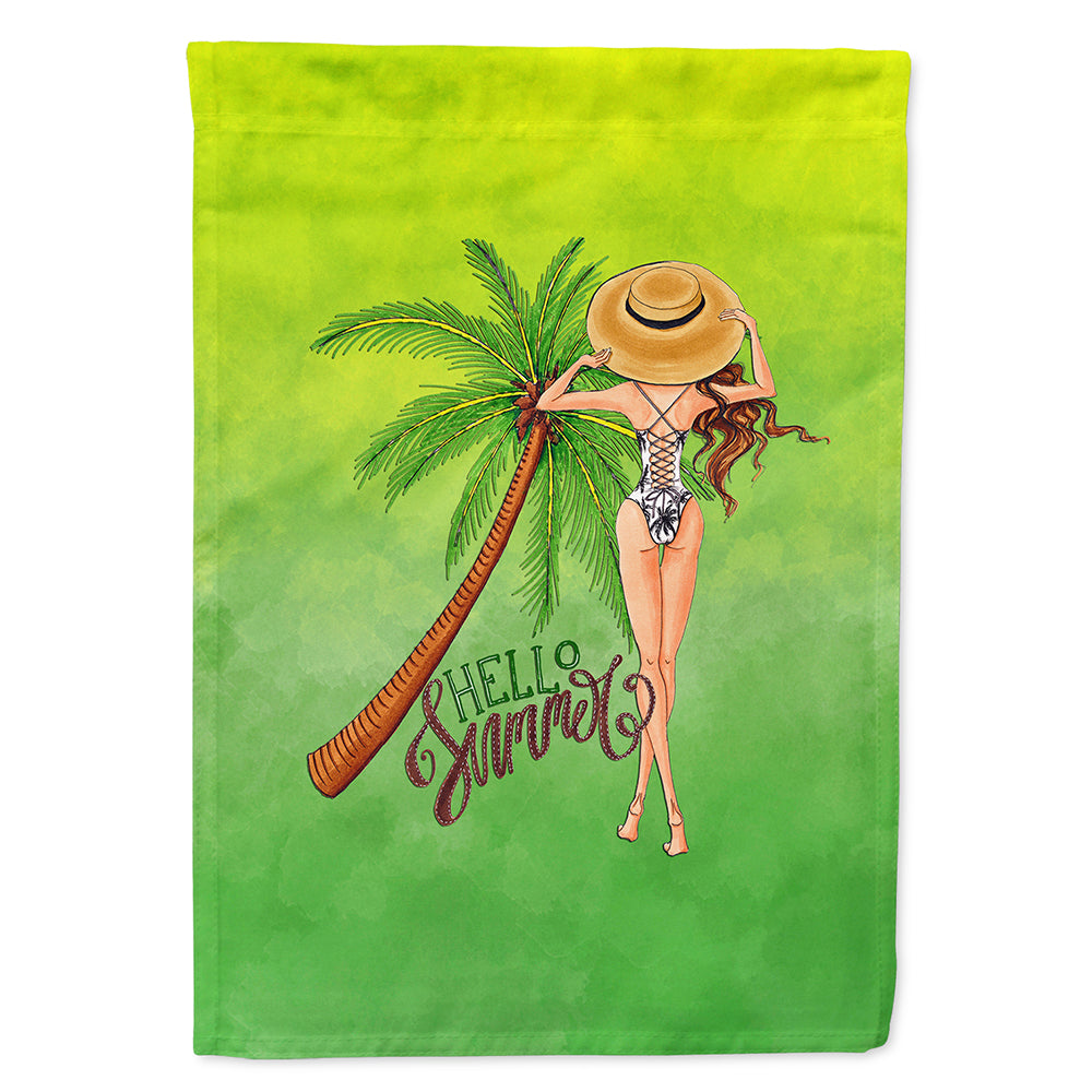 Hello Summer Lady in Swimsuit House Flag 28x40 Porch Sleeve Pole Decorative Outside Yard Banner Artwork Wall Hanging, Polyester
