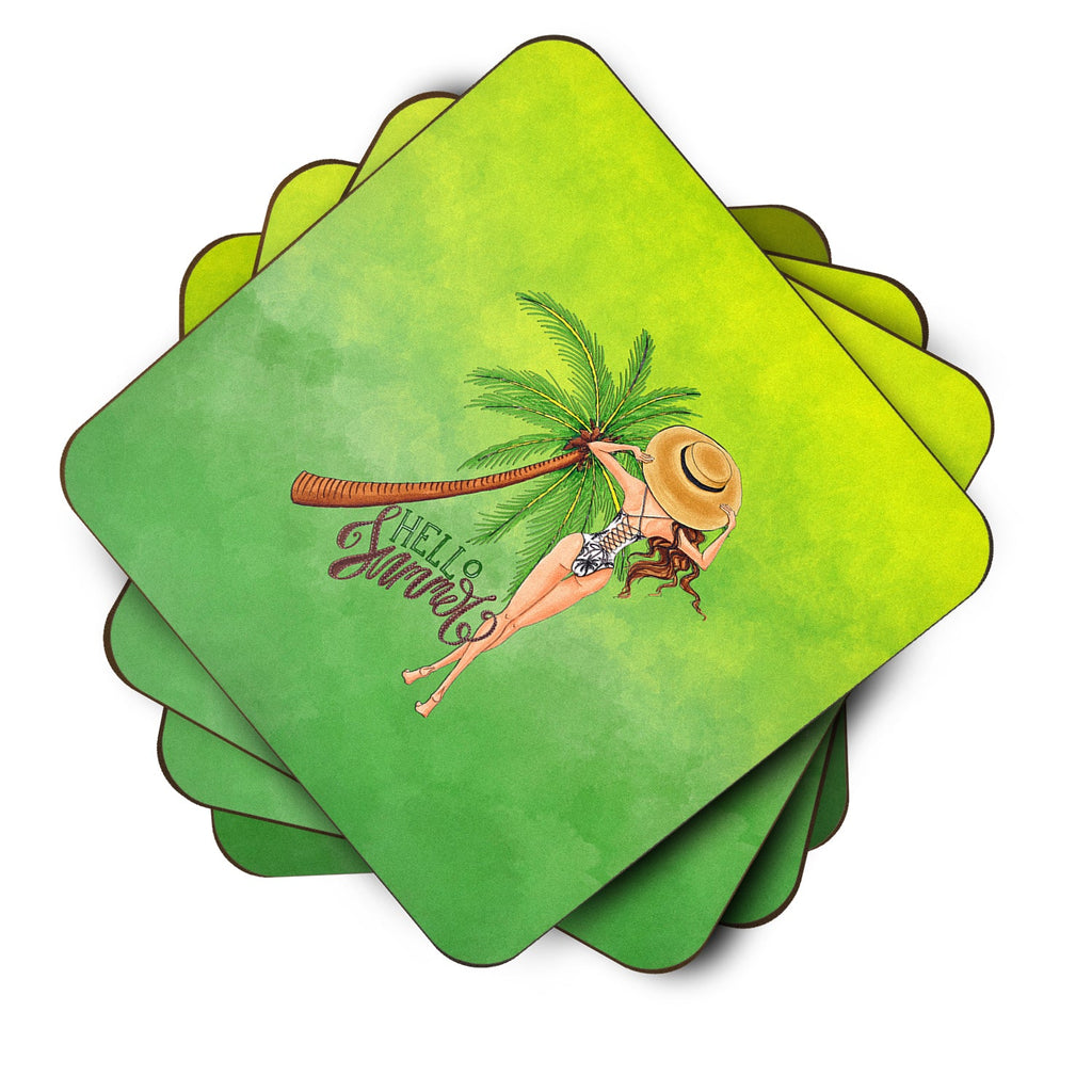 Hello Summer Lady in Swimsuit Foam Coasters Set of 4 Cup Coasters for Indoor Outdoor, Tabletop Protection, Anti Slip, Mouse pad Material