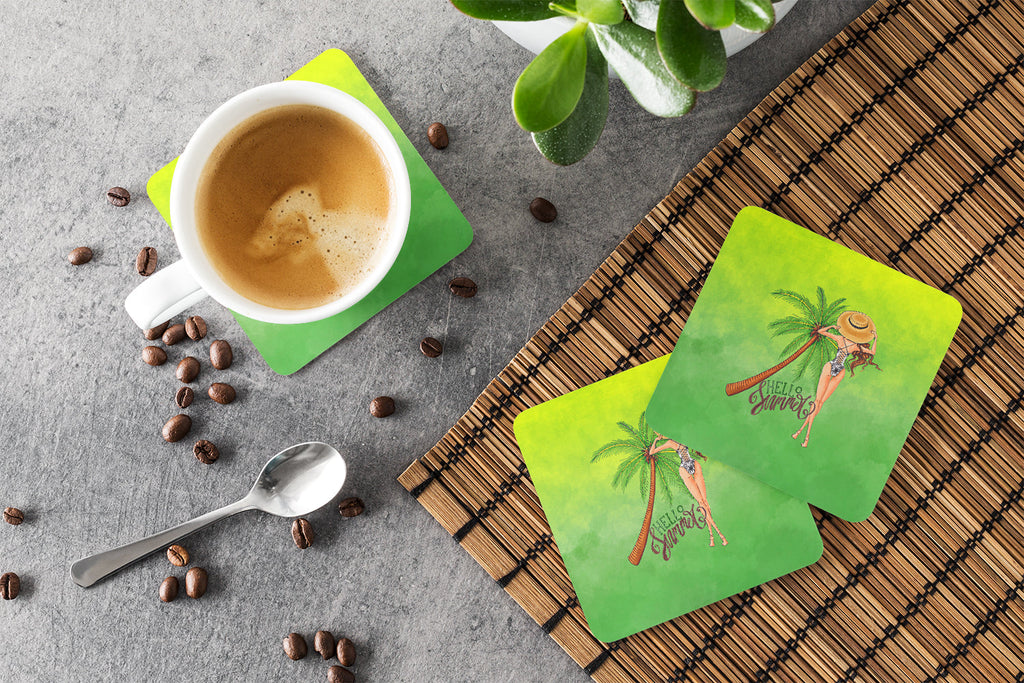 Hello Summer Lady in Swimsuit Foam Coasters Set of 4 Cup Coasters for Indoor Outdoor, Tabletop Protection, Anti Slip, Mouse pad Material