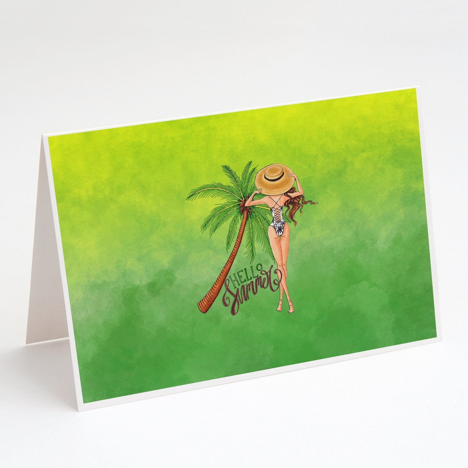 Hello Summer Lady in Swimsuit Greeting Cards Pack of 8 Blank Cards with Envelopes Whimsical A7 Size 5x7
