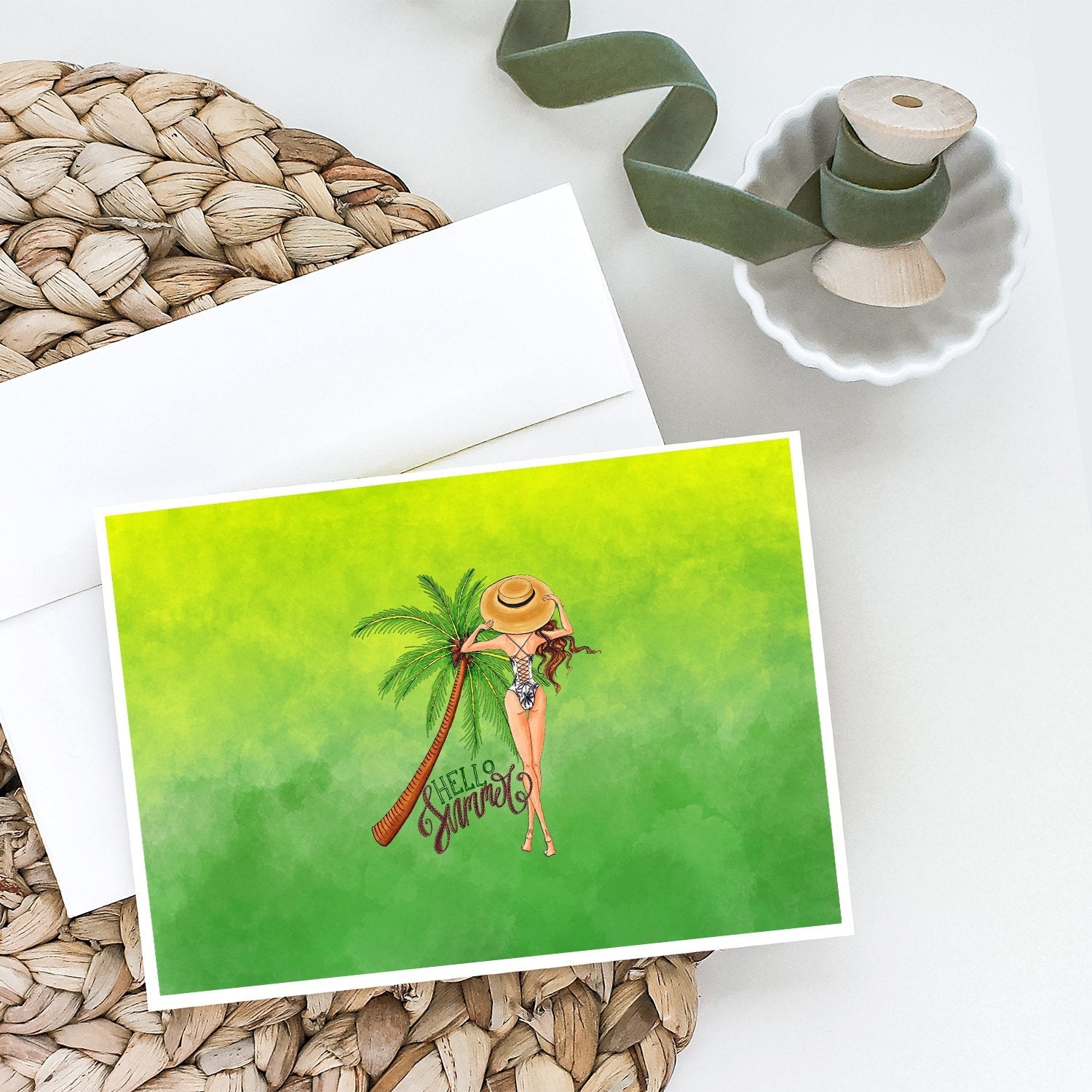 Hello Summer Lady in Swimsuit Greeting Cards Pack of 8 Blank Cards with Envelopes Whimsical A7 Size 5x7