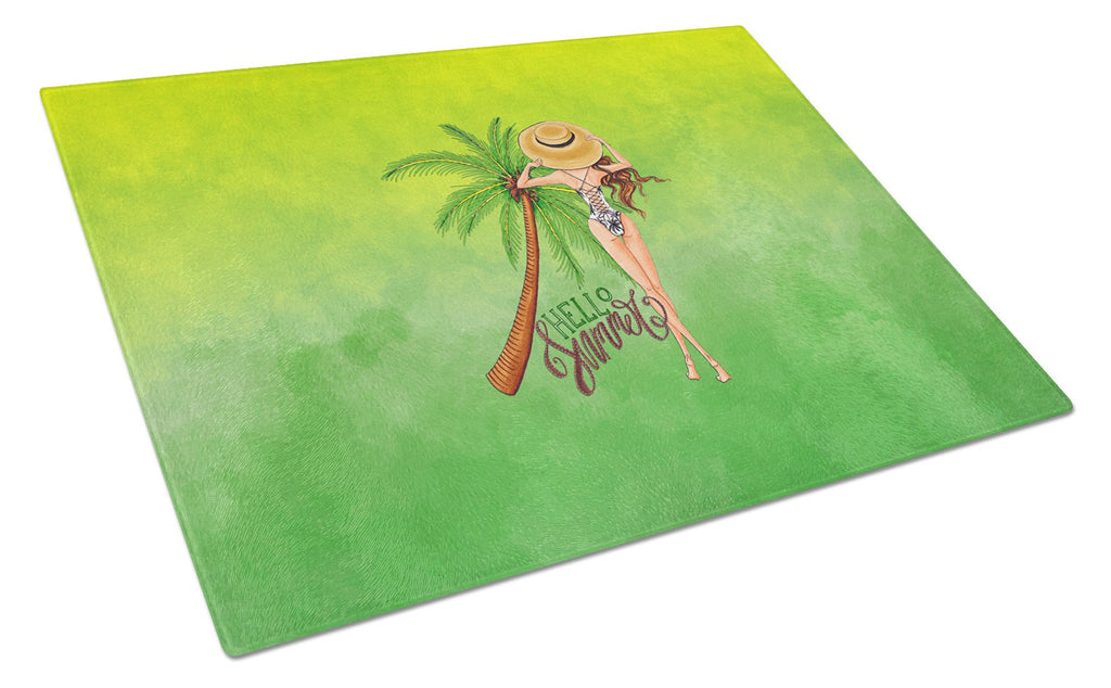 Hello Summer Lady in Swimsuit Cutting Board Tempered Glass Kitchen Cutting Surface, Heat Resistant Chopping, Non-Slip Feet, Food Prep & Serving