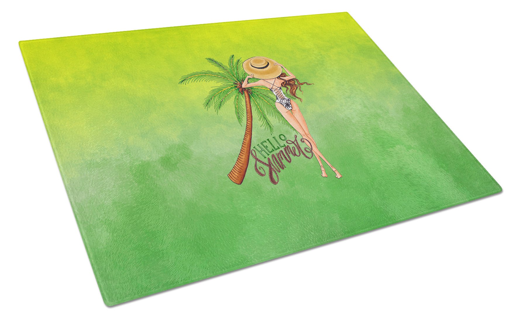 Hello Summer Lady in Swimsuit Cutting Board Tempered Glass Kitchen Cutting Surface, Heat Resistant Chopping, Non-Slip Feet, Food Prep & Serving