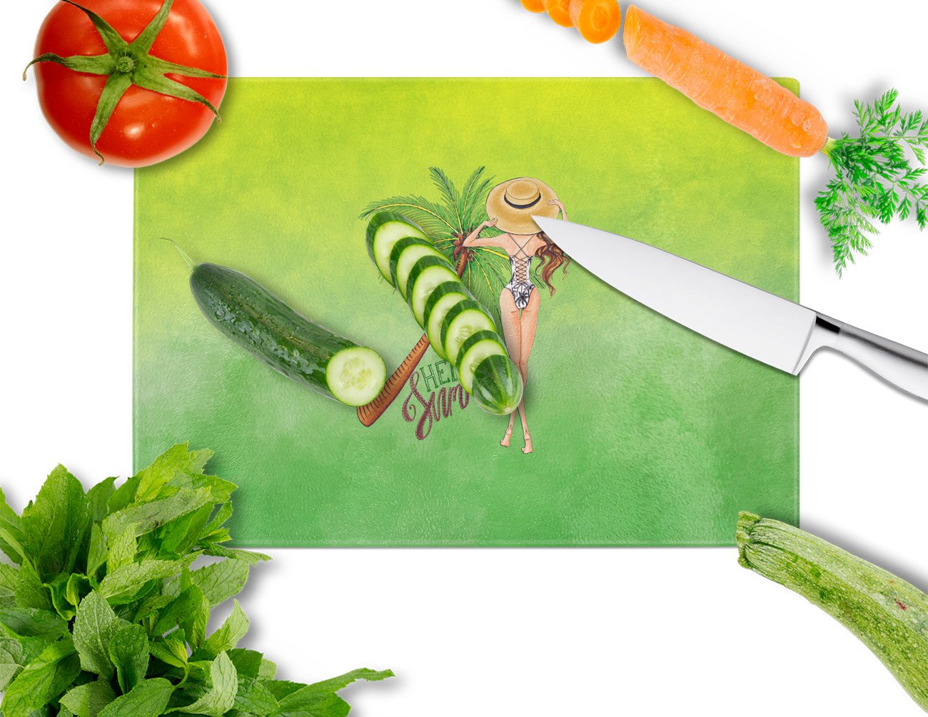 Hello Summer Lady in Swimsuit Cutting Board Tempered Glass Kitchen Cutting Surface, Heat Resistant Chopping, Non-Slip Feet, Food Prep & Serving