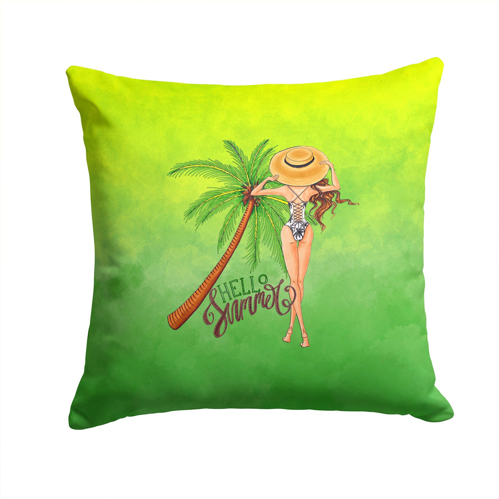 Hello Summer Lady in Swimsuit Decorative Throw Pillow 14x14 Indoor Outdoor Accent Cushion, Fabric Cover with Insert for Sofa, Bed, Porch & Living Room