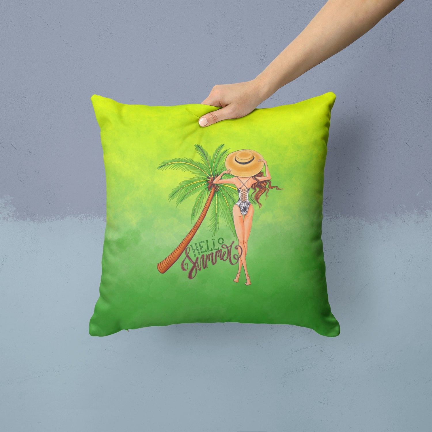 Hello Summer Lady in Swimsuit Decorative Throw Pillow 14x14 Indoor Outdoor Accent Cushion, Fabric Cover with Insert for Sofa, Bed, Porch & Living Room