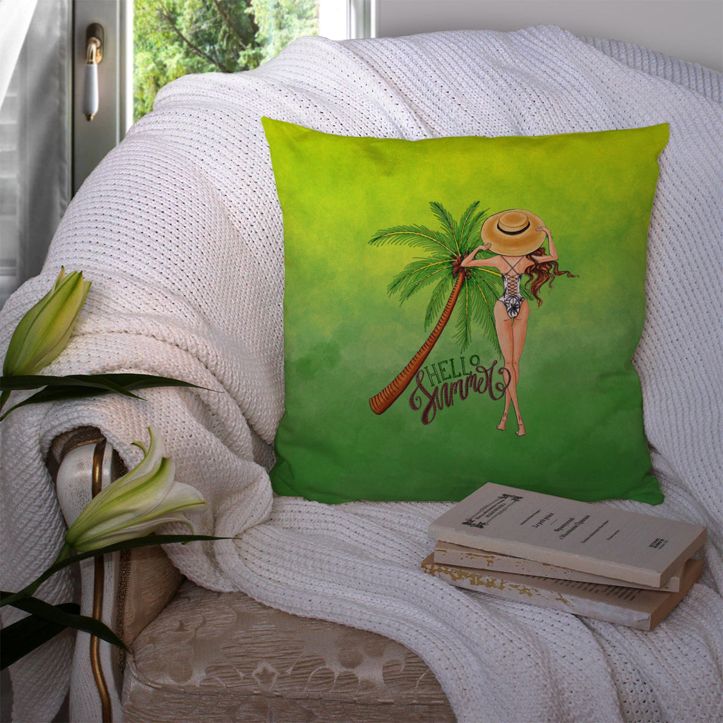 Hello Summer Lady in Swimsuit Decorative Throw Pillow 14x14 Indoor Outdoor Accent Cushion, Fabric Cover with Insert for Sofa, Bed, Porch & Living Room